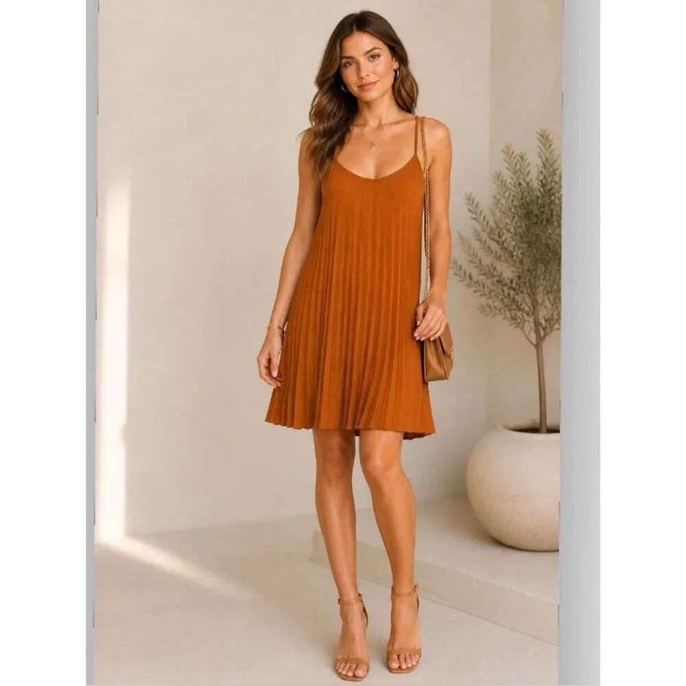See You Monday Pleated Slip Dress Size Medium in Rust